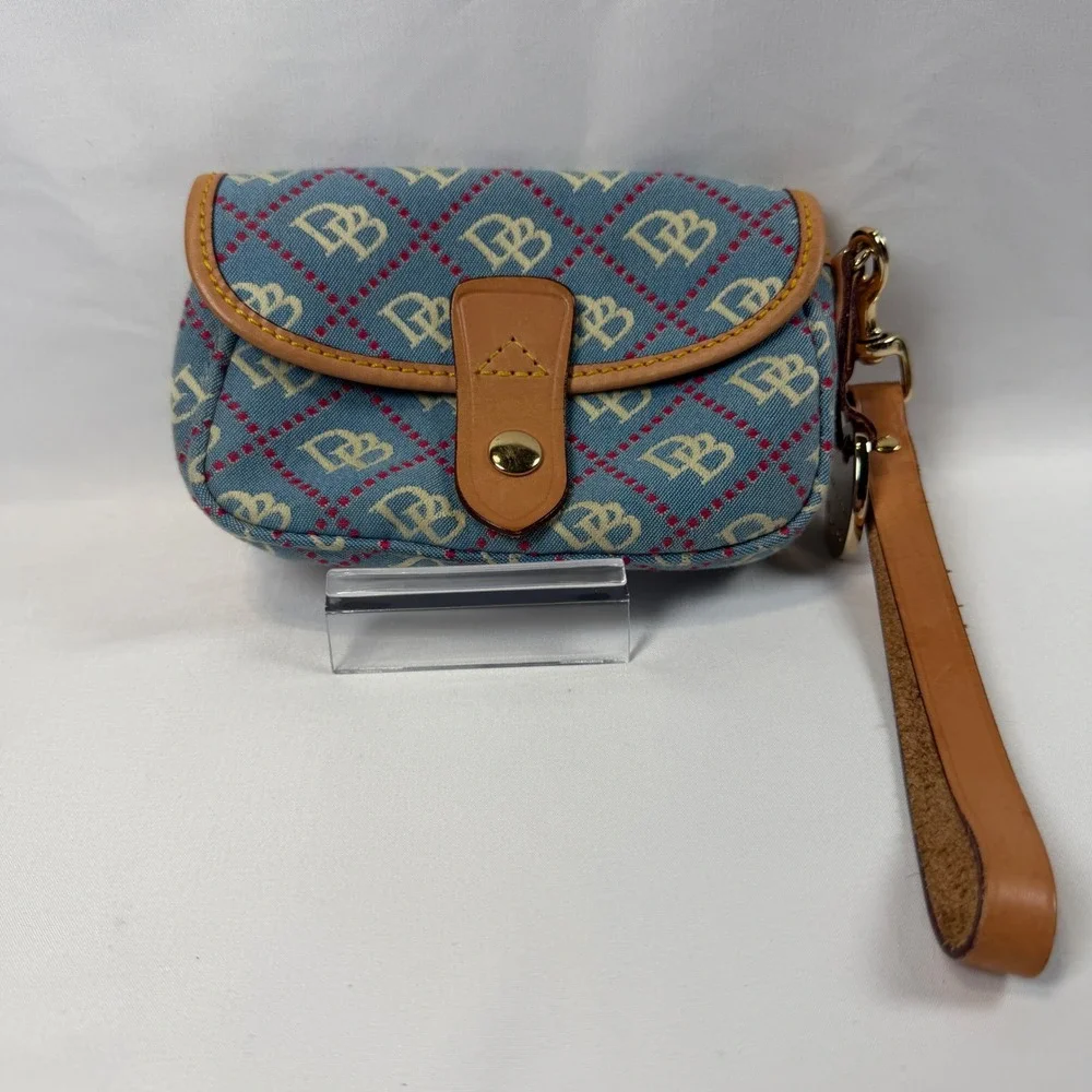 Dooney & Bourke Wristlet Pouch Womens Small Blue Monogram Canvas Leather Trim
